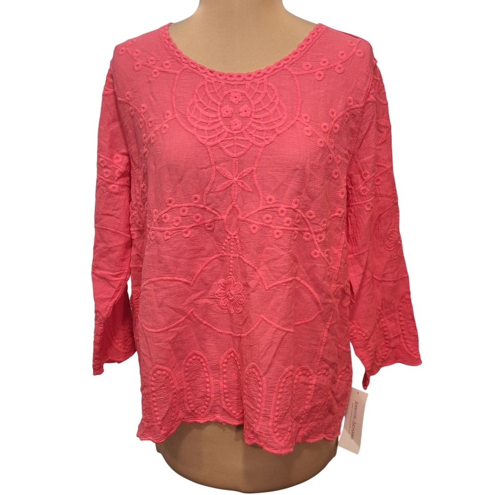 John‎ Paul Richard cotton Blouse Lightweight Pink Embroidered 3/4 Sleeve XS NWT